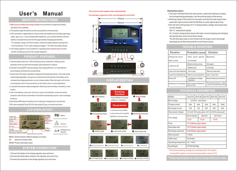 Controlador de posición Solar 50A Panel controlador regulador de batería PWM LCD Dual USB 12V/24V