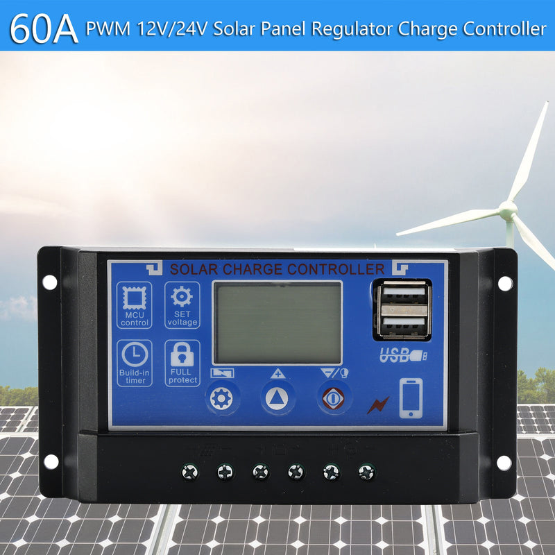 60A Solar Charge Controller Kontrollpanel Batteriregulator PWM LCD Dual USB 12V 24V 36V 48V 60V