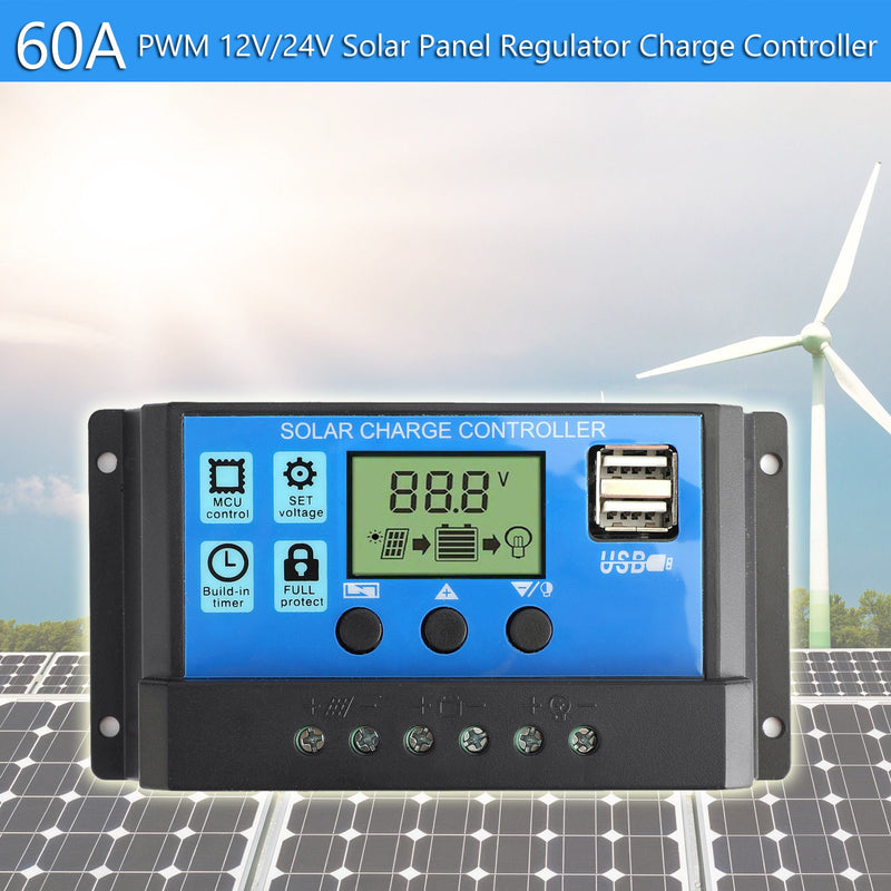 60A Solar Charge Controller Kontrollpanel Batteriregulator PWM LCD Dubbel USB 12V/24V