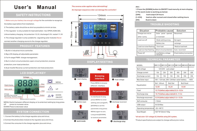 60A Solar Charge Controller Kontrollpanel Batteriregulator PWM LCD Dubbel USB 12V/24V