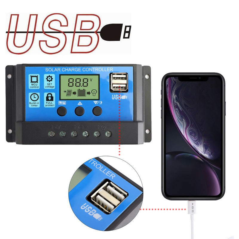 60A Solar Charge Controller Kontrollpanel Batteriregulator PWM LCD Dubbel USB 12V/24V