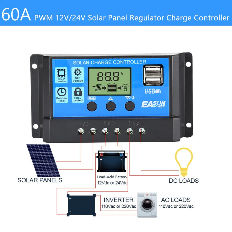 60A Solar Charge Controller Kontrollpanel Batteriregulator PWM LCD Dubbel USB 12V/24V