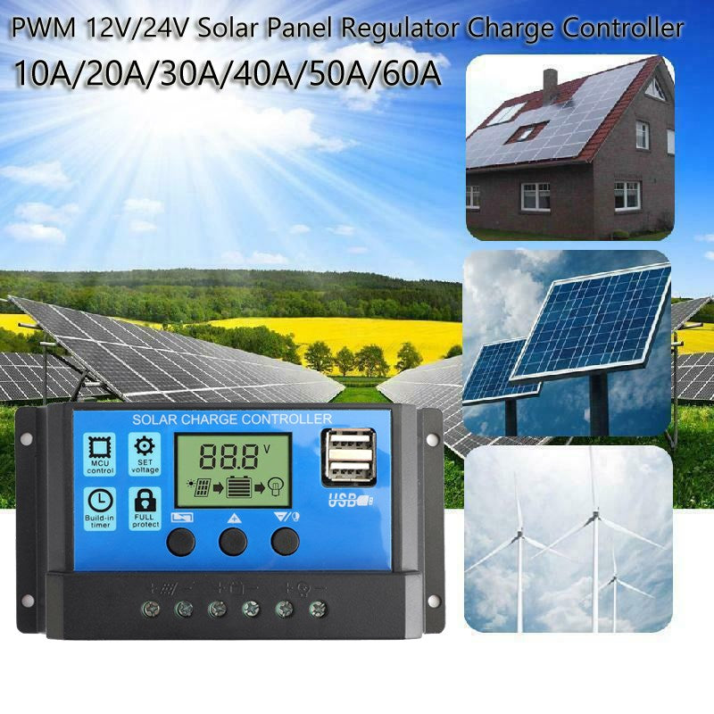 60A Solar Charge Controller Kontrollpanel Batteriregulator PWM LCD Dubbel USB 12V/24V