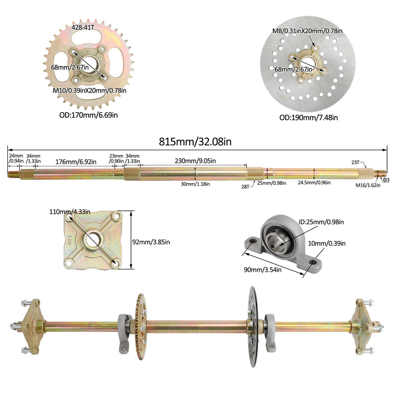 32 "ATV Quad Go Kart Hinterradachse Kit Ritzel Bremsrad Nabe Bremsbaugruppe