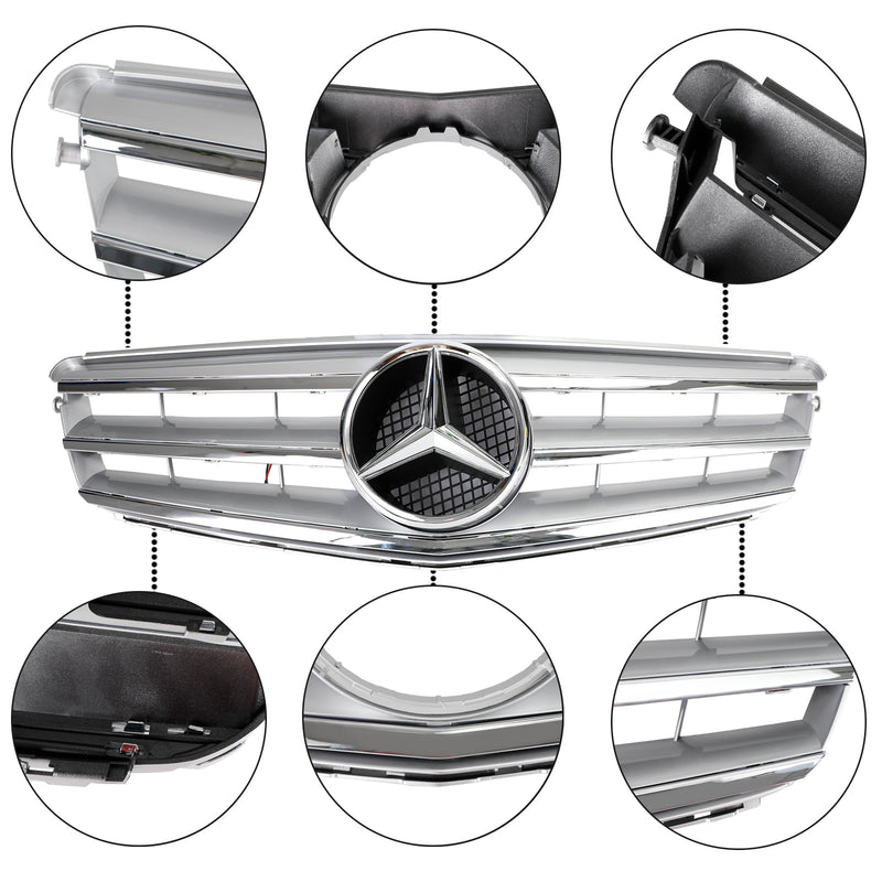 Grill przedniego zderzaka do Benz Klasy C W204 z emblematem LED C300/C350 08-14 chrom