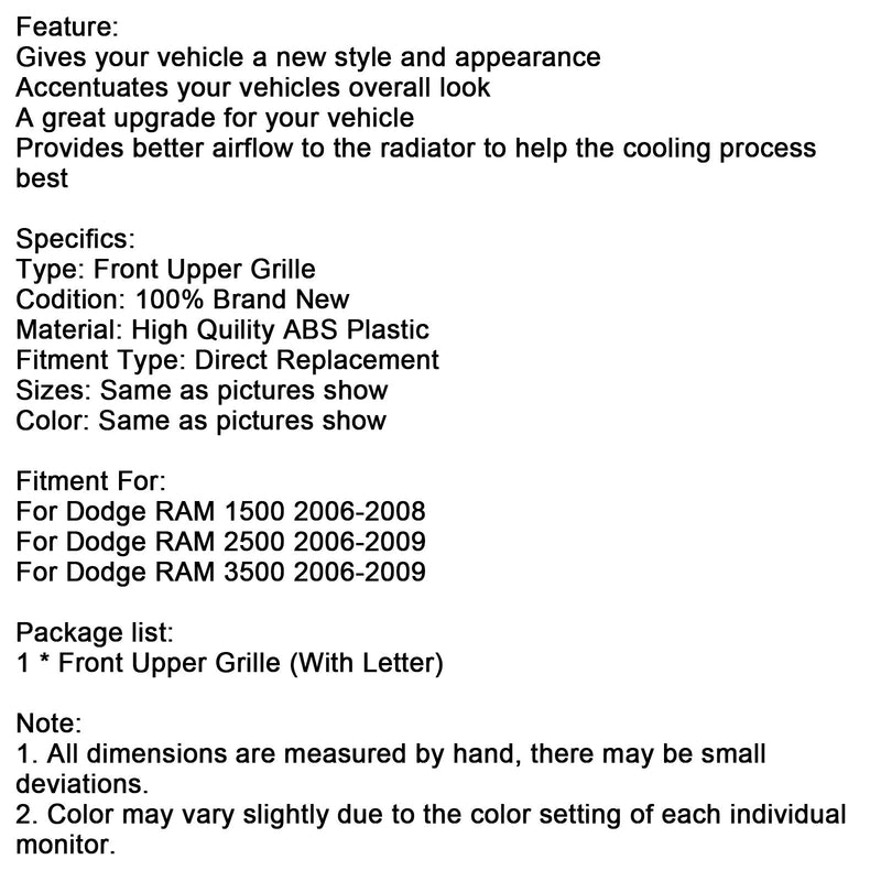 Verchromter Frontstoßstangengrill passend für Dodge RAM 1500 (2006–2008) und RAM 2500 (2006–2009)