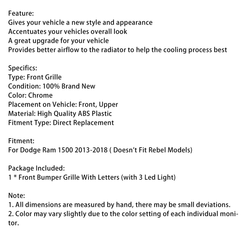 2013–2018 Dodge Ram 1500 Big Horn Stil Frontstoßstange Grill Kühlergrill Chrom