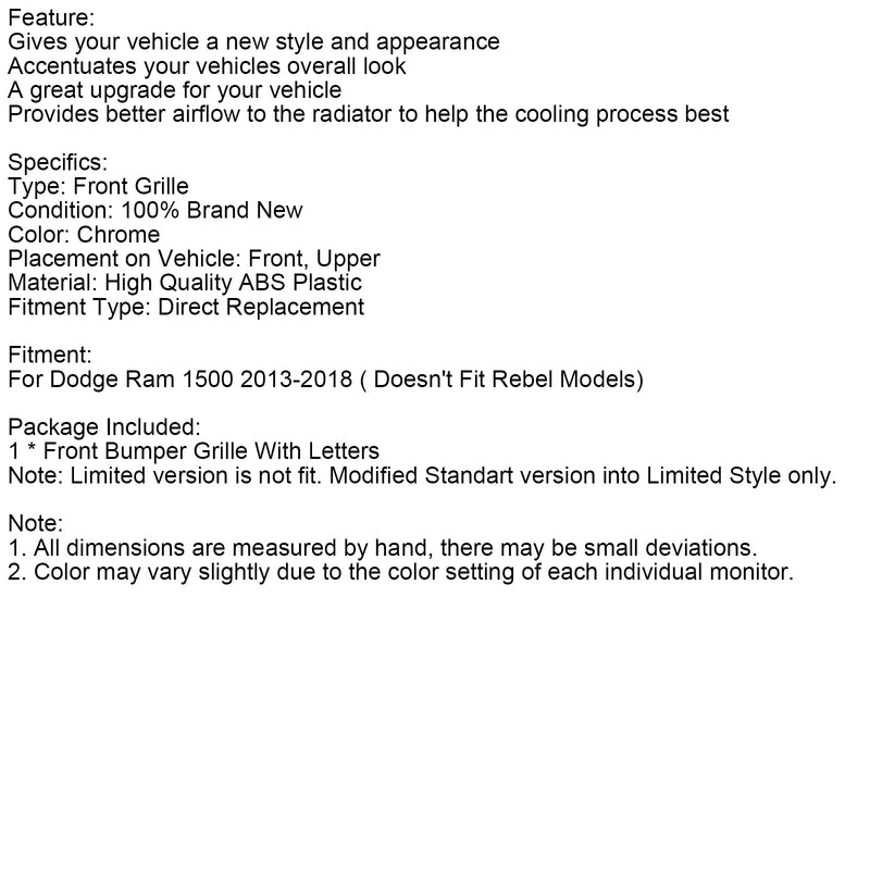 Frontstoßstangengrill im Stil des Dodge Ram 1500 LTD (2013–2018), verchromt