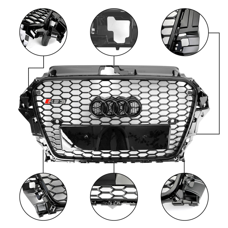 RS3-stil främre stötfångargaller för Audi A3 S3 2013-2016 svart bikakemönster