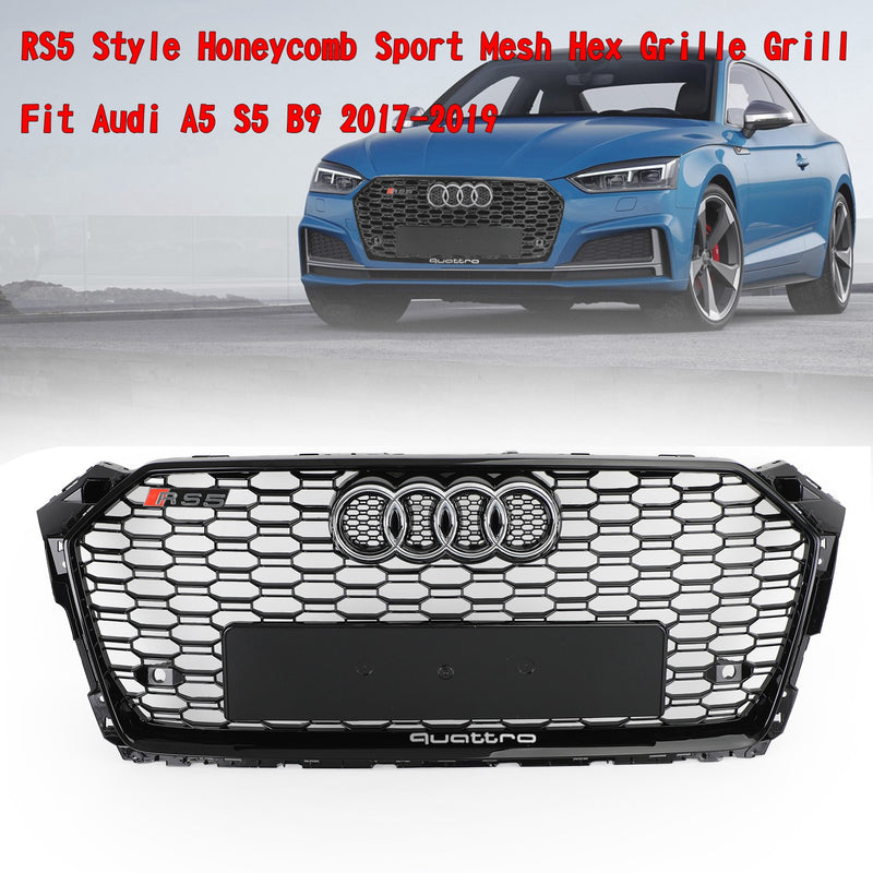Grade dianteira esportiva estilo favo de mel RS5 para Audi A5 S5 B9 2017-2019 preto brilhante