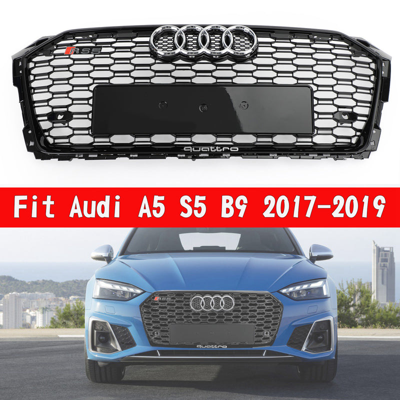 Grade dianteira esportiva estilo favo de mel RS5 para Audi A5 S5 B9 2017-2019 preto brilhante