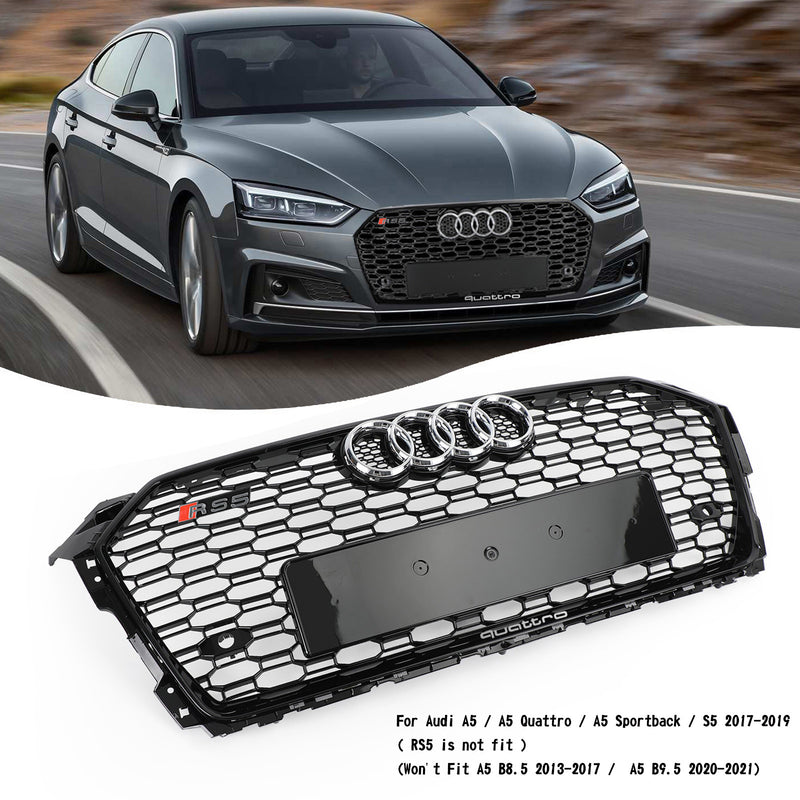 Grade dianteira esportiva estilo favo de mel RS5 para Audi A5 S5 B9 2017-2019 preto brilhante