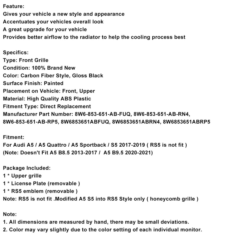 2017–2019 Audi A5 S5 B9 RS5 Style Sport Front Wabengrill