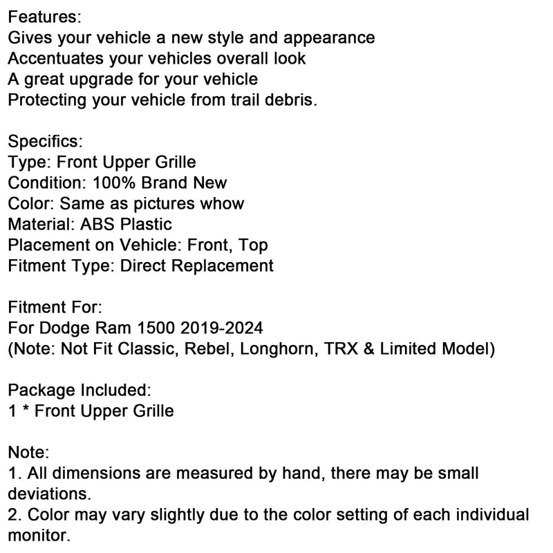 2019–2024 Dodge Ram 1500 Schwarzer Frontgrill in Wabenform für die obere Motorhaube