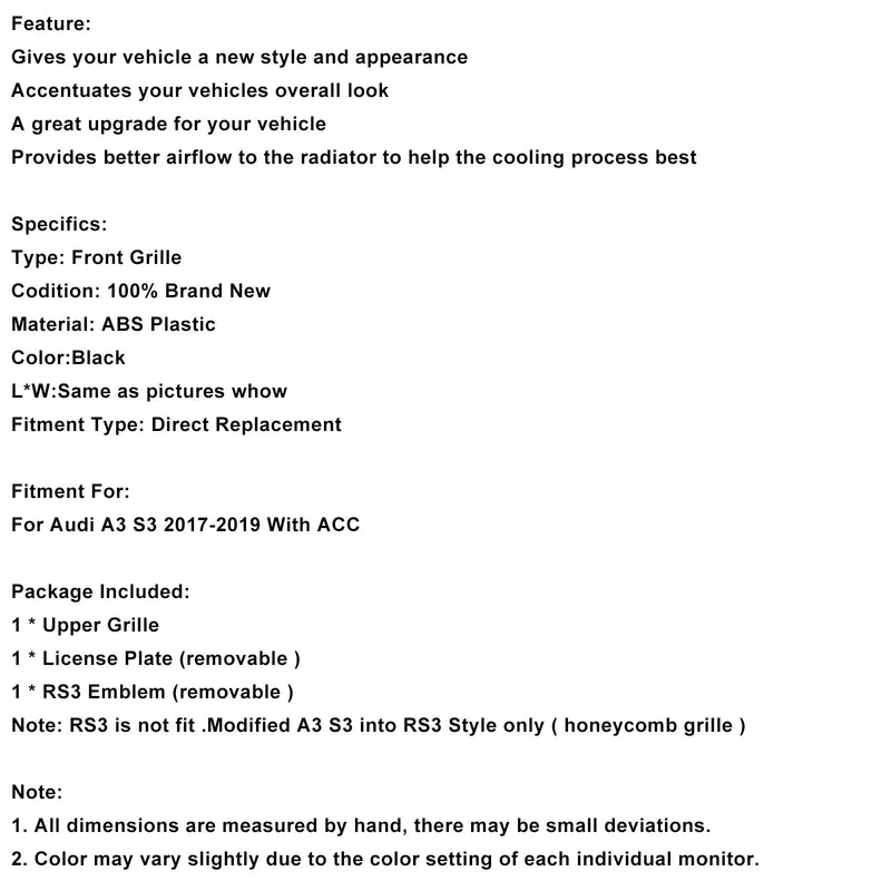 2017–2019 Audi A3 S3 W/ACC RS3 Style Waben-Kühlergrill, Schwarz