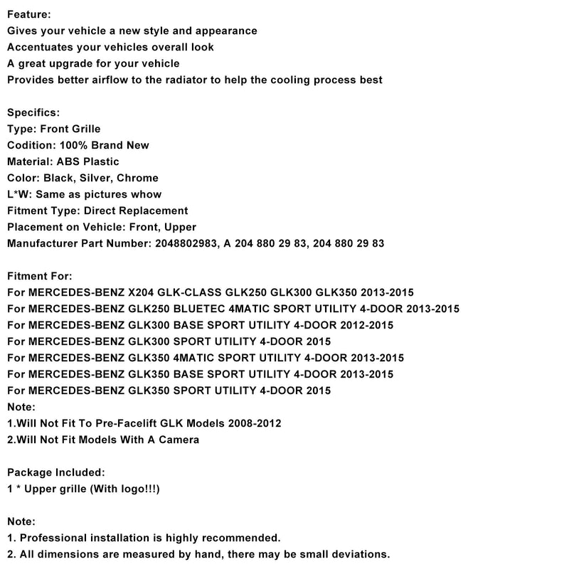 2015 MERCEDES-BENZ GLK350 SPORT UTILITY 4-TÜRER Frontstoßstangengrill Gitter Diamant