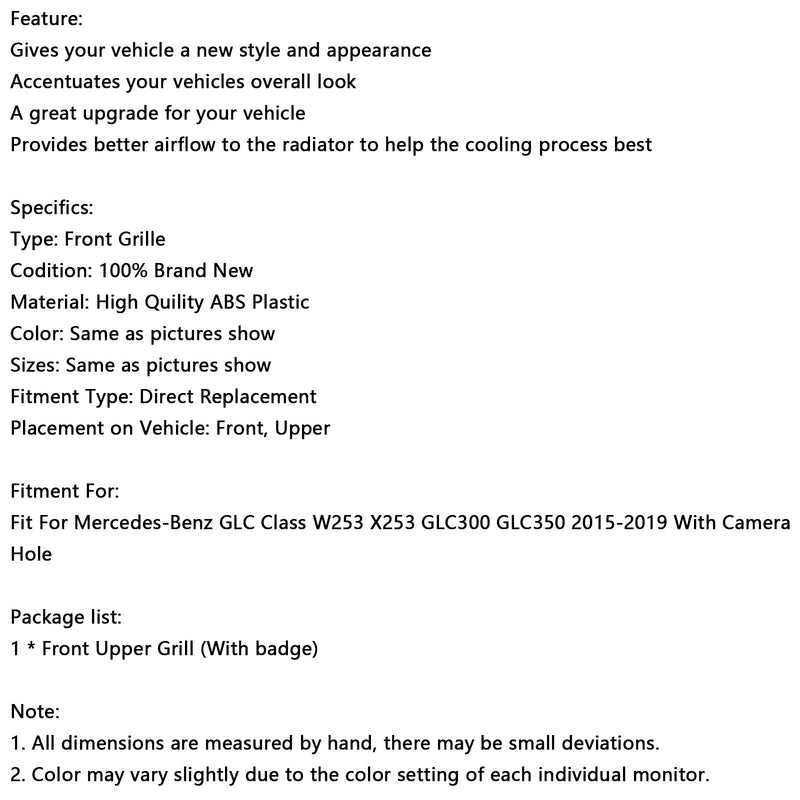 2015–2019 Mercedes Benz GLC X253 C253 Frontstoßstangengrill, Schwarz glänzend