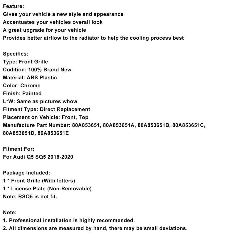 2018–2020 Audi Q5 SQ5 SQ5 Style Frontgrill mit Wabengitter