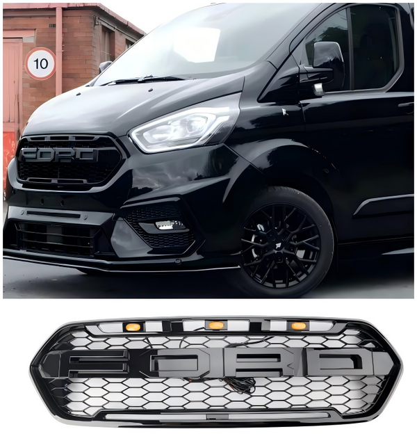 2018–2023 mit 3 LEDs, glänzend schwarz, Ford Transit Custom Trail mit 3 LEDs, Frontstoßstangengrill