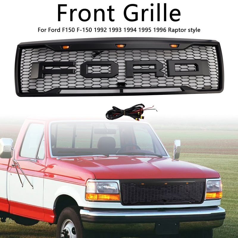 1992-1996 Ford F150 LED-mat, Matt Black Front Grilli, jossa on hunajakennon rakenne