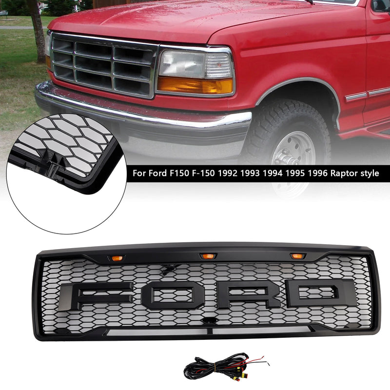 1992-1996 Ford F150 LED-mat, Matt Black Front Grilli, jossa on hunajakennon rakenne