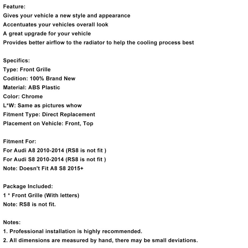 2010–2014 Audi A8 S8 Chrom Frontstoßstange Mesh Grill Kühlergrill