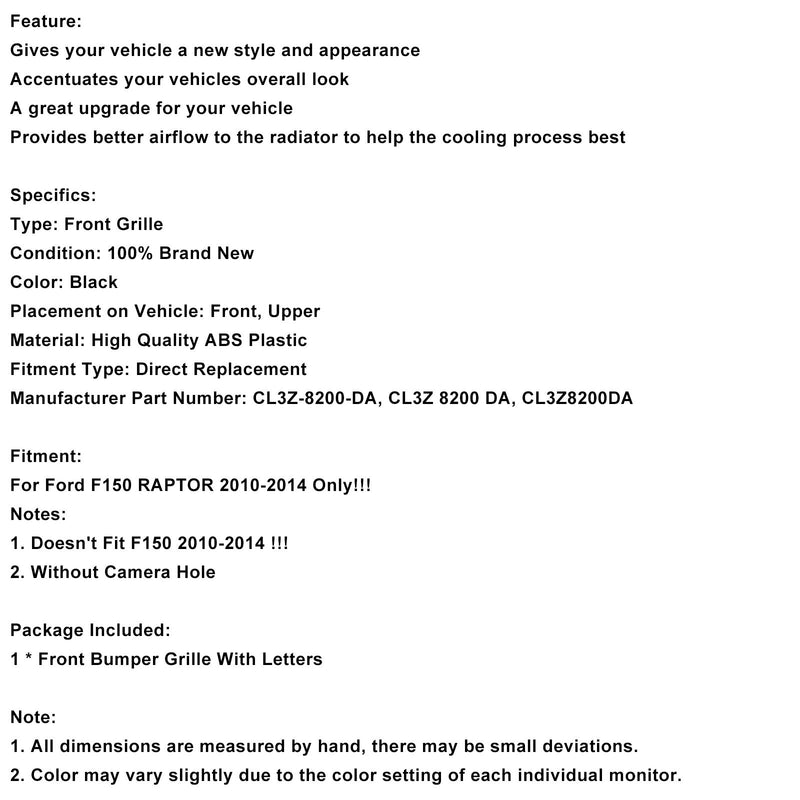 2010–2014 Ford F150 Raptor ohne Kameraloch, Kühlergrill für die Frontstoßstange, CL3Z8200DA