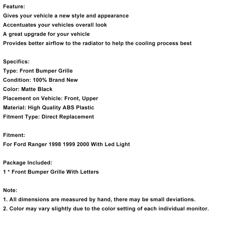 1998-2000 Ford Ranger mit LED-Beleuchtung, mattschwarzer Frontstoßstangengrill
