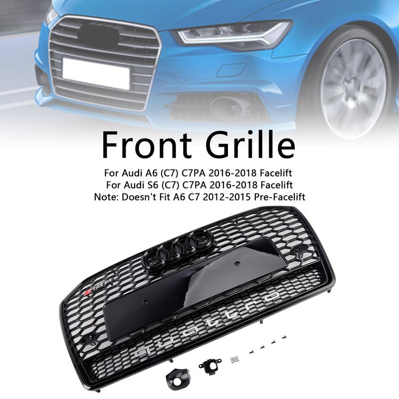 RS6 -tyylinen hunajakenno mesh -jäähdytin grilli Audi A6 S6 C7 2016–2018, Schwarz