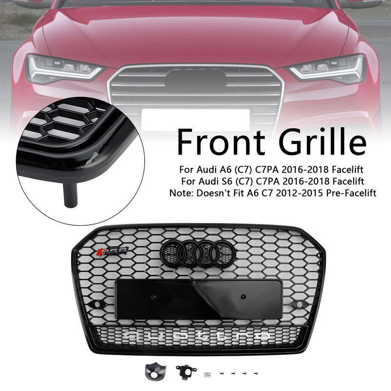 RS6 -tyylinen hunajakenno mesh -jäähdytin grilli Audi A6 S6 C7 2016–2018, Schwarz