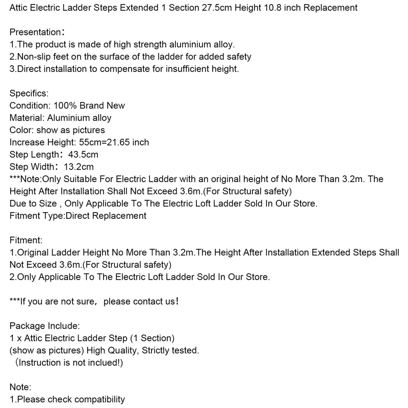 Elektrisk loftsstige uttrekkbar 2 seksjoner 55 cm Høyde 21,65" erstatning