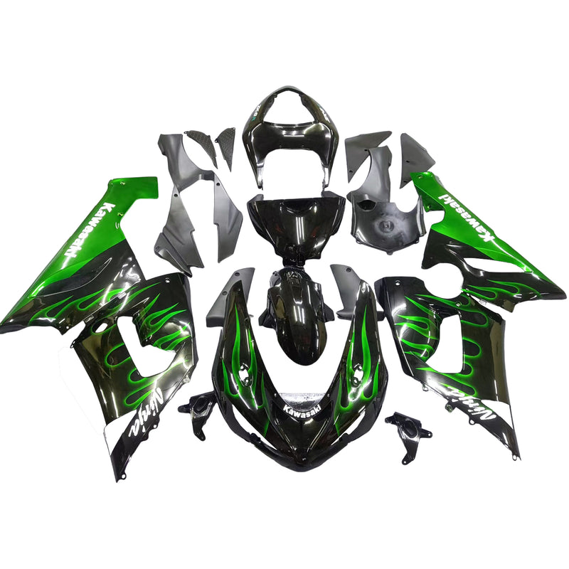 Fairings 2005-2006 Kawasaki ZX6R 636 Black & Green Flame Ninja Racing Generic