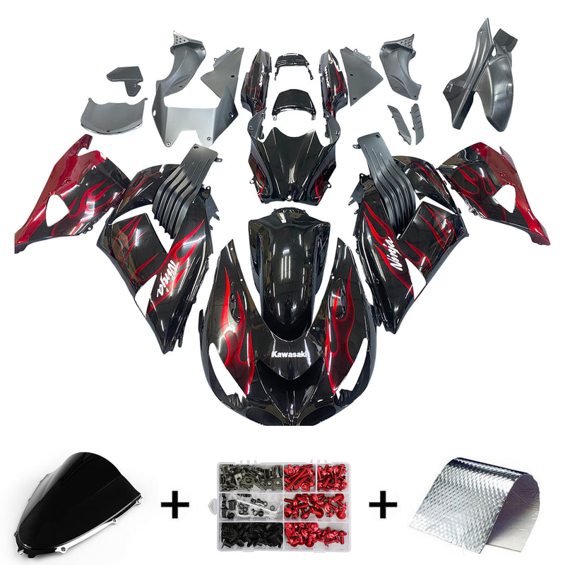 Für Ninja ZX14R 2006–2011, schwarze und rote Flammen-Karosserieverkleidung, ABS-Spritzguss-Kunststoff-Set, 2