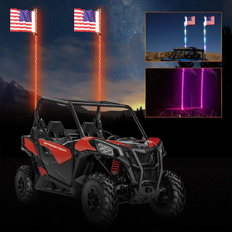 2X 3ft RGB LED Peitschenlichter Antenne mit Flaggenfernbedienung für Polaris RZR UTV ATV