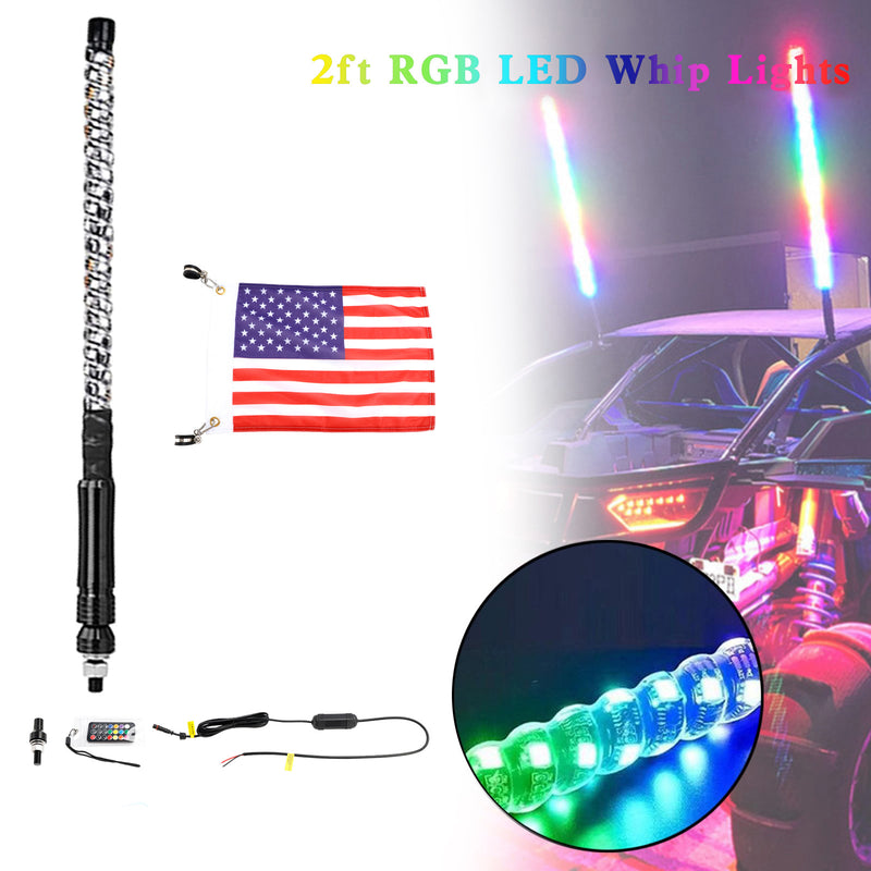 Antena de luzes de chicote LED RGB de 2 pés com controle remoto de bandeira para Polaris UTV ATV