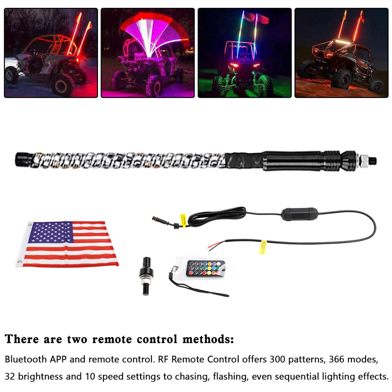 Antena de luzes de chicote LED RGB de 2 pés com controle remoto de bandeira para Polaris UTV ATV