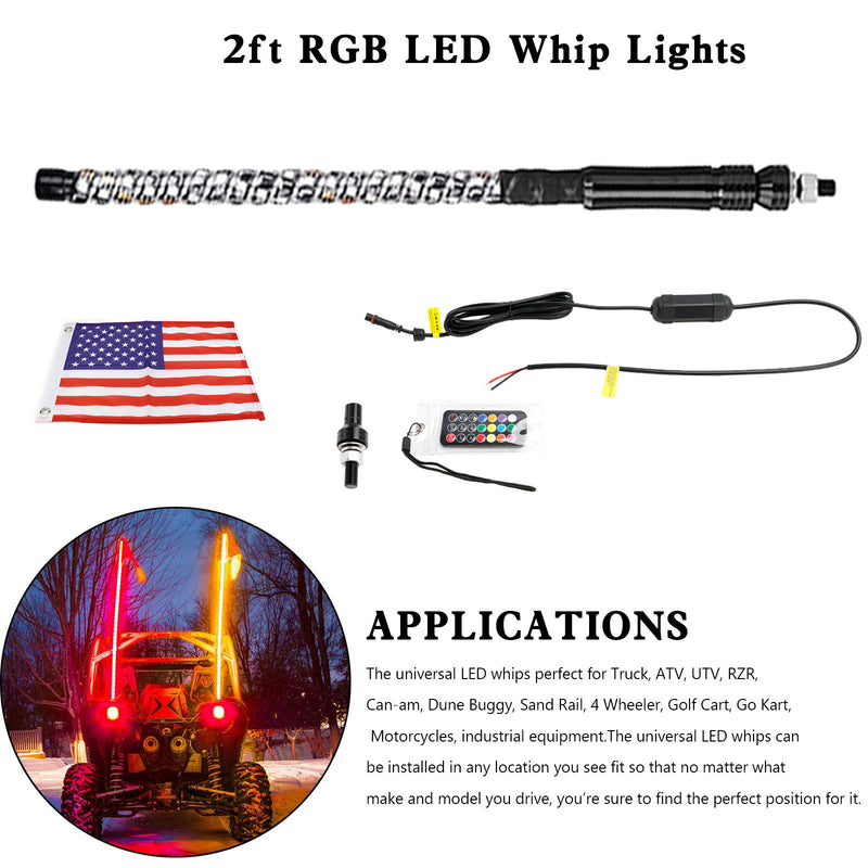 2 fot RGB LED APP Whip Lights-antenne med flaggfjernkontroll for Polaris UTV ATV