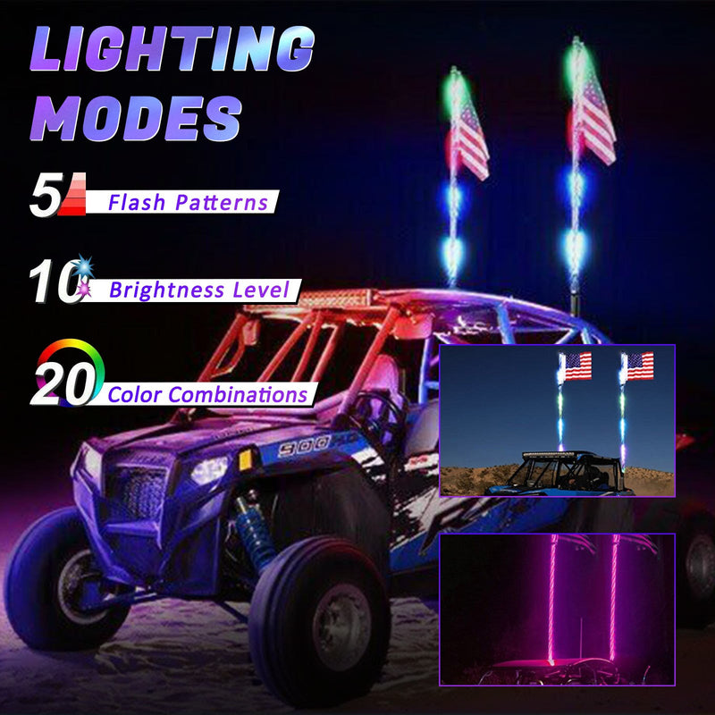 2ft RGB LED APP Whip Lights Antenne mit Flaggenfernbedienung für Polaris UTV ATV