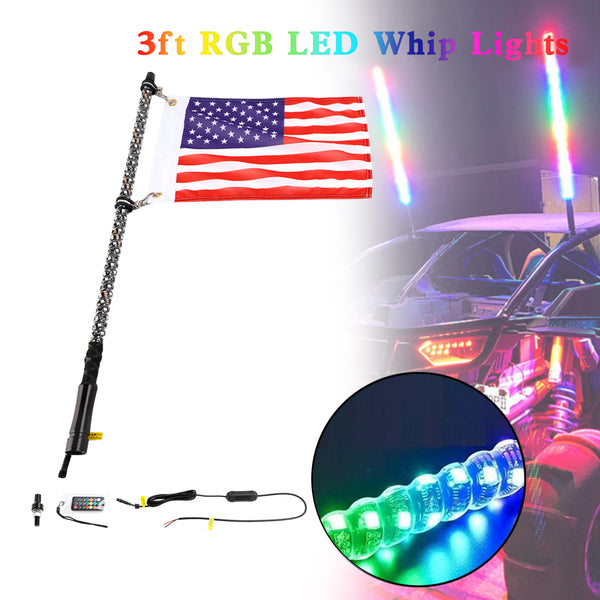 Antena de luzes de chicote LED RGB de 3 pés com controle remoto de bandeira para Polaris UTV ATV