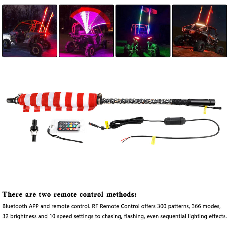 4ft RGB LED APP Whip Lights Antenne mit Flaggenfernbedienung für Polaris UTV ATV