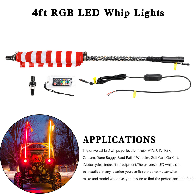 Antena de luzes de chicote LED RGB de 4 pés com controle remoto de bandeira para Polaris UTV ATV