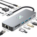 11 v 1 TYPE-C až RJ45 Gigabit USB 3.0 HDMI VGA Audio USB-C Data SD/TF PD100W
