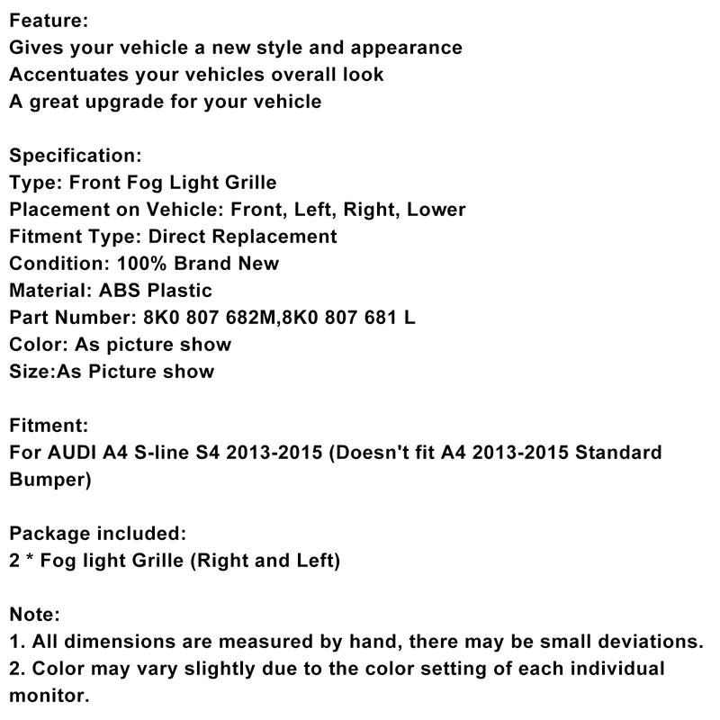 2013–2015 Audi A4 S-Linie S4 2 Stück Stoßstange Nebelscheinwerfer Lampenabdeckung Grill Grille 8K0 807 682M