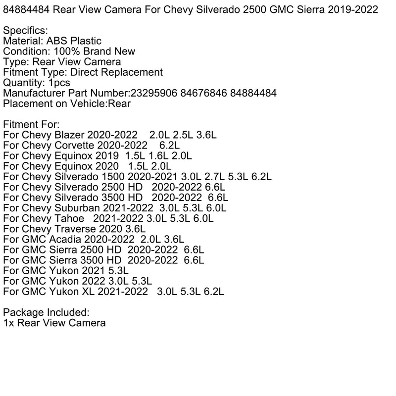 2020–2022 Chevy Corvette 6,2 l Rückfahrkamera 84884484