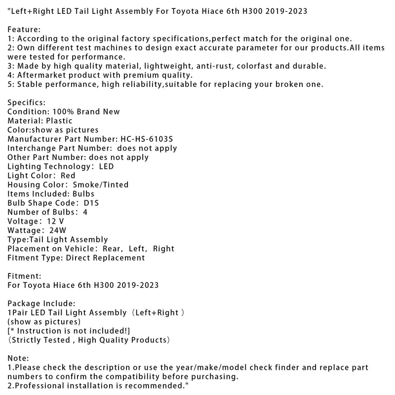 2019–2023 Toyota Hiace 6. H300 links + rechts LED-Rücklichtbaugruppe