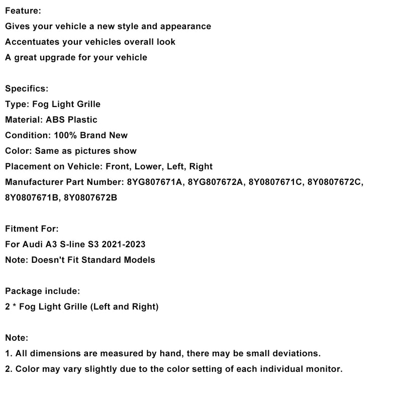Schwarze Front Honeycomb Nebelscheinwerfer Kühlergrill Abdeckung Fit Audi A3 S-line 2021-2023