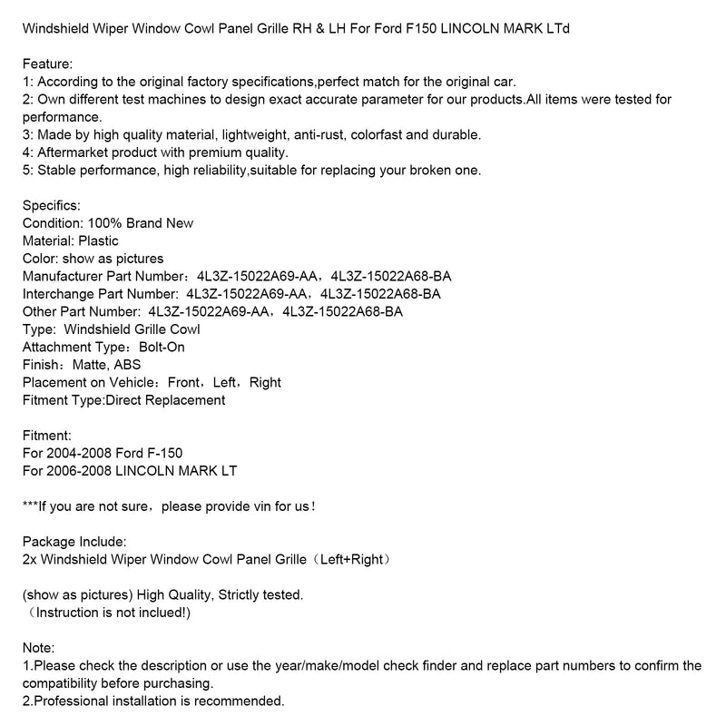 2006-2008 LINCOLN MARK LT Wycieraczka szyby przedniej Kratka wykończeniowa okna Prawa i lewa 4L3Z-15022A69-AA