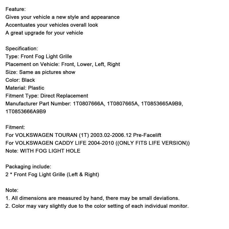 2004-2010 Volkswagen Caddy Life Frontstoßstroßstöne FOG FARCLIGHT 1T080766A 1T085365A9B9