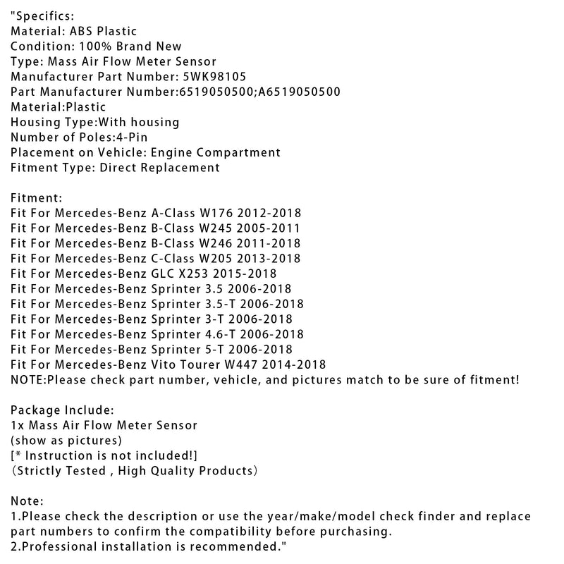 Mass Air Flow Meter Sensor For Mercedes W205 W176 GLC X253 CDI 5WK98105
