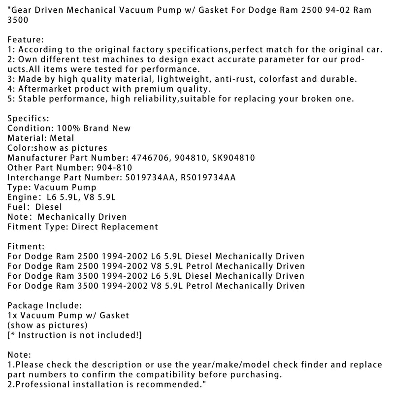 1994-2002 Dodge Ram 2500 L6 5,9L dieselväxeldriven mekanisk vakuumpump med tätning 5019734AA